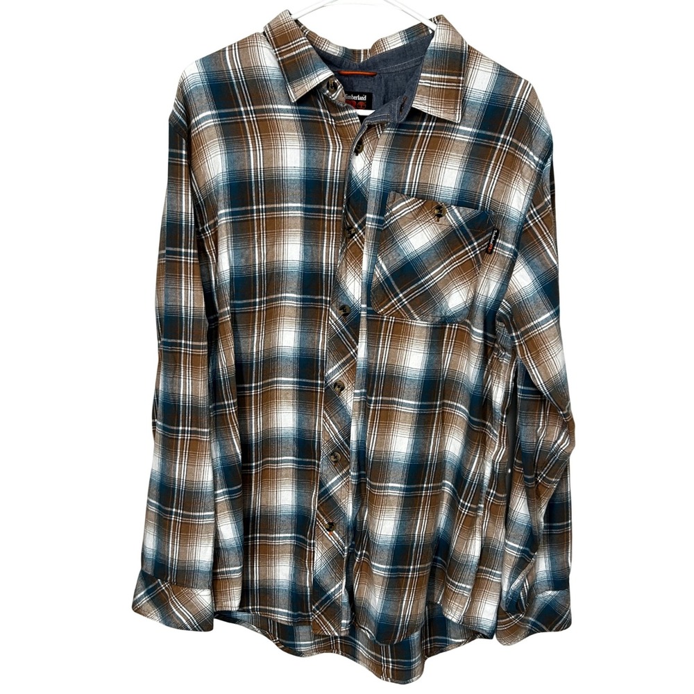 Timberland PRO Men's Blue and Brown‎ Original Fit Plaid Flannel Shirt Size Large